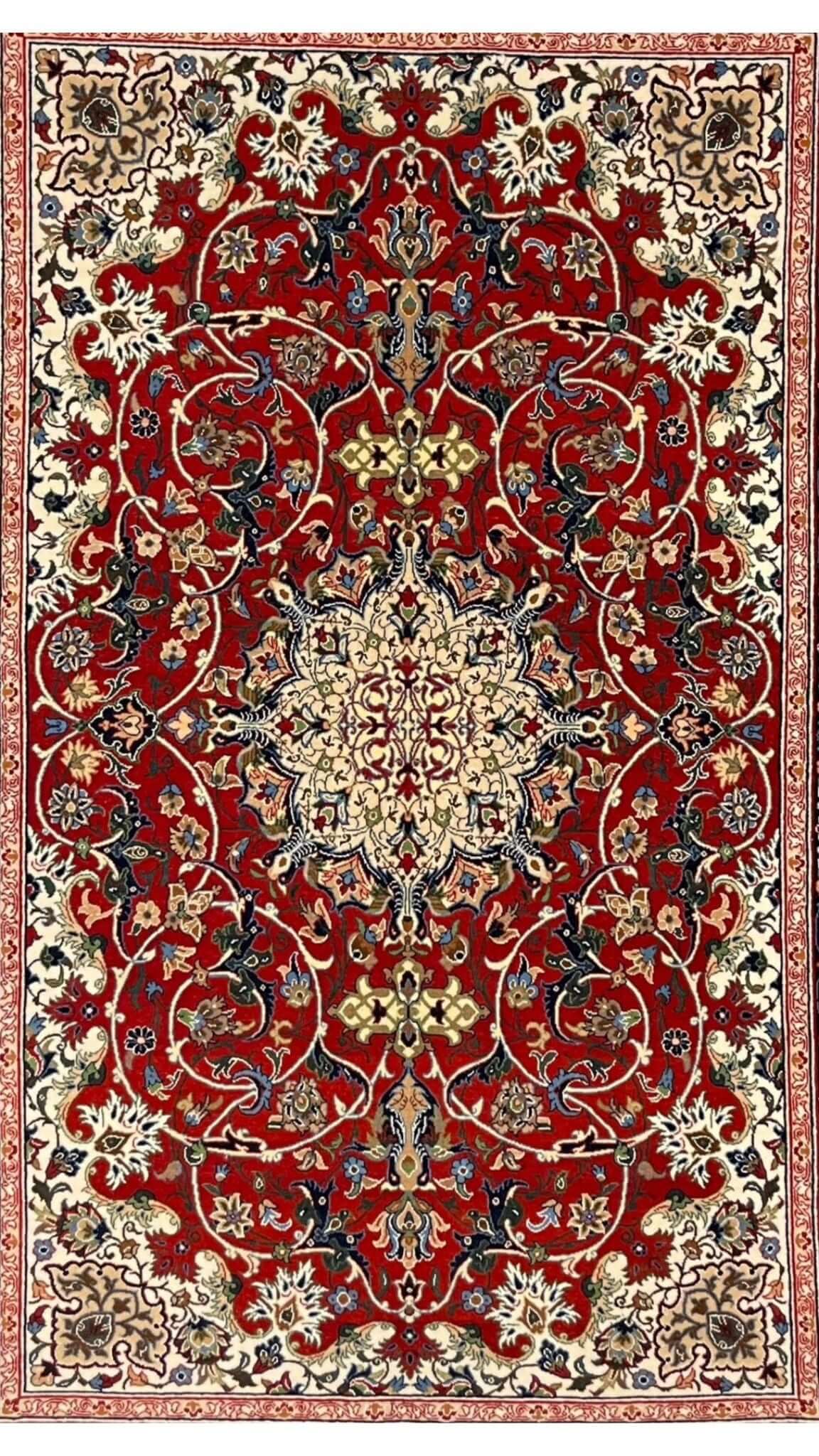 Hand-knotted Persian rug by Master Bagher Seirafian showcasing traditional craftsmanship.